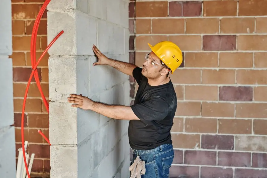 Maçon mesurant un mur en blocs béton avant découpe